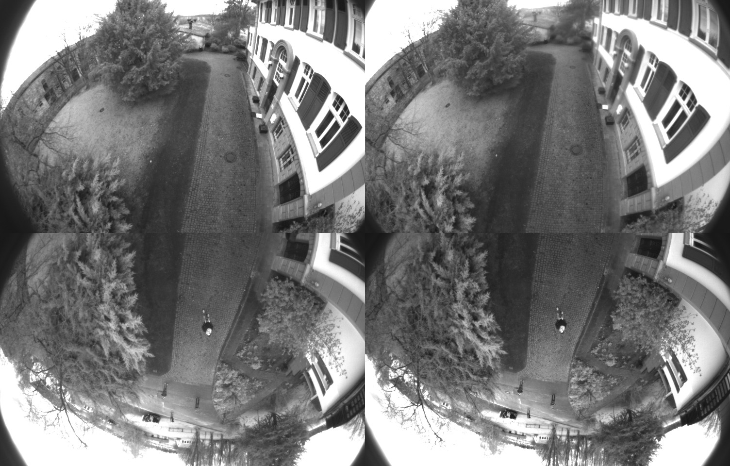 Four simultaneously triggered images of the fisheye cameras.