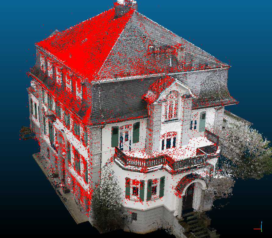 Point cloud from incremental bundle adjustment (red) and from terrestrial laser scan (textured). 